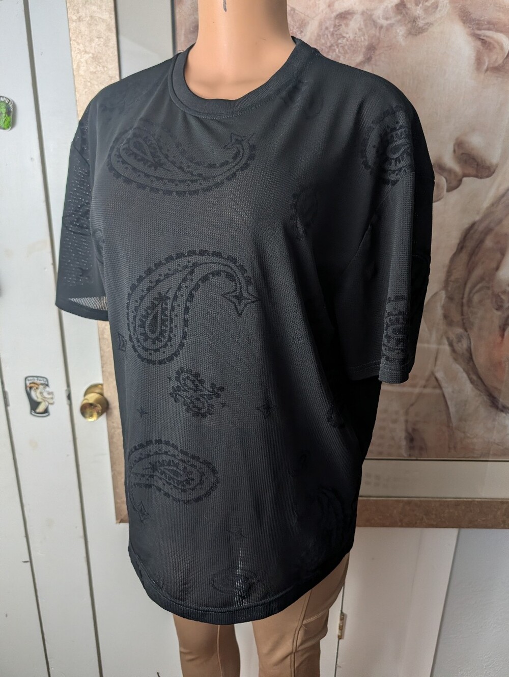 Baroque Gold by Drill Clothing Co. Black Sheer Paisley Mesh Tee Shirt Size S